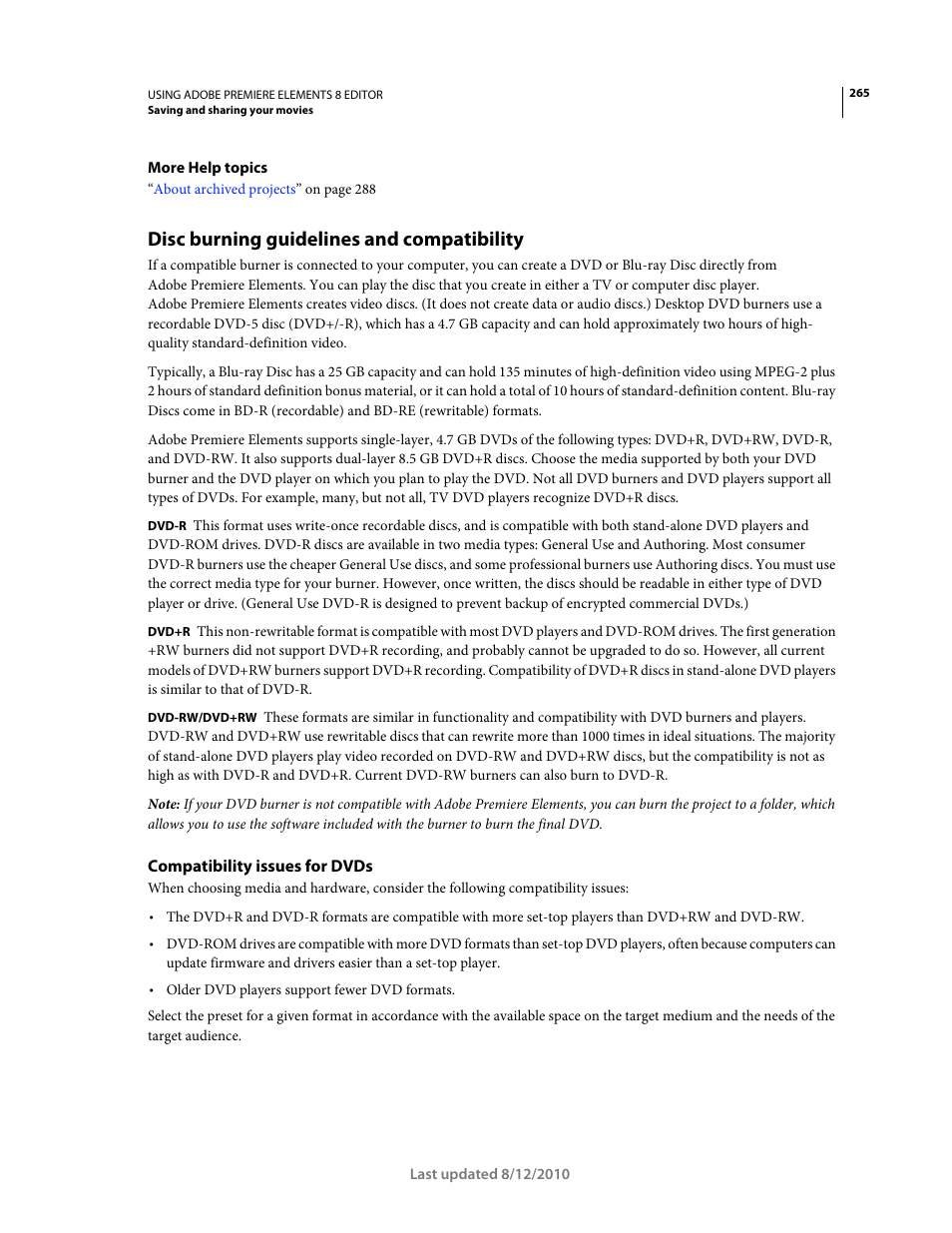 Disc burning guidelines and compatibility, Compatibility issues for dvds | Adobe Premiere Elements 8 User Manual | Page 270 / 313