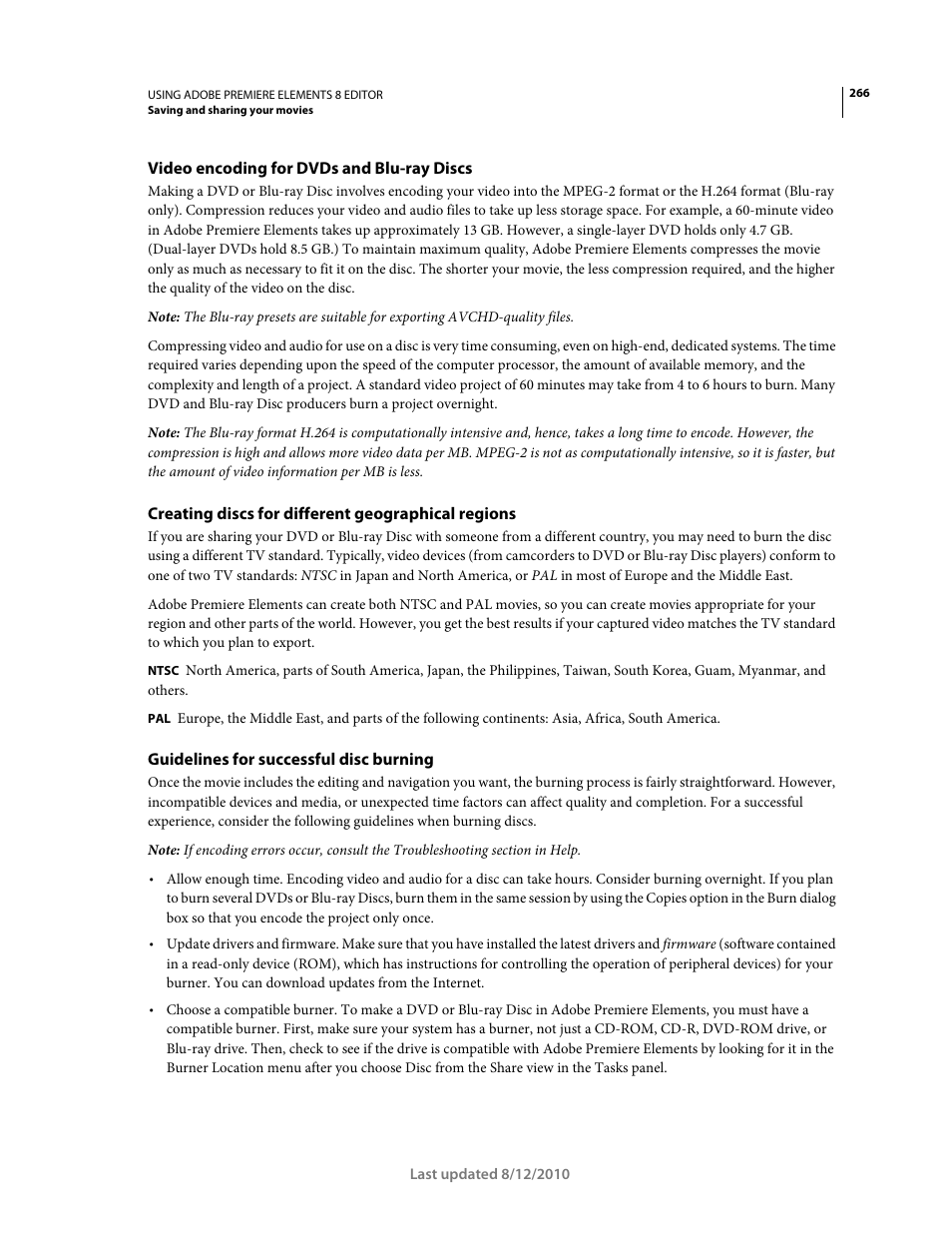 Video encoding for dvds and blu-ray discs, Creating discs for different geographical regions, Guidelines for successful disc burning | Adobe Premiere Elements 8 User Manual | Page 271 / 313