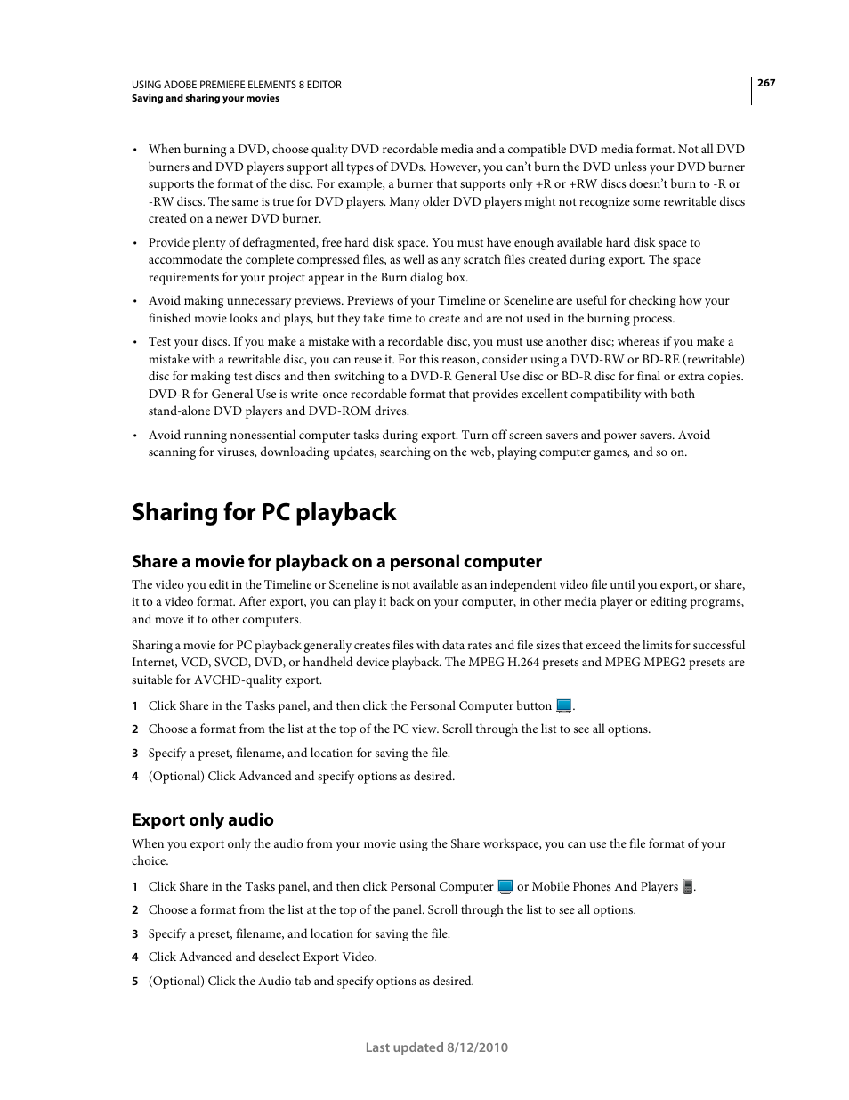 Sharing for pc playback, Share a movie for playback on a personal computer, Export only audio | Adobe Premiere Elements 8 User Manual | Page 272 / 313