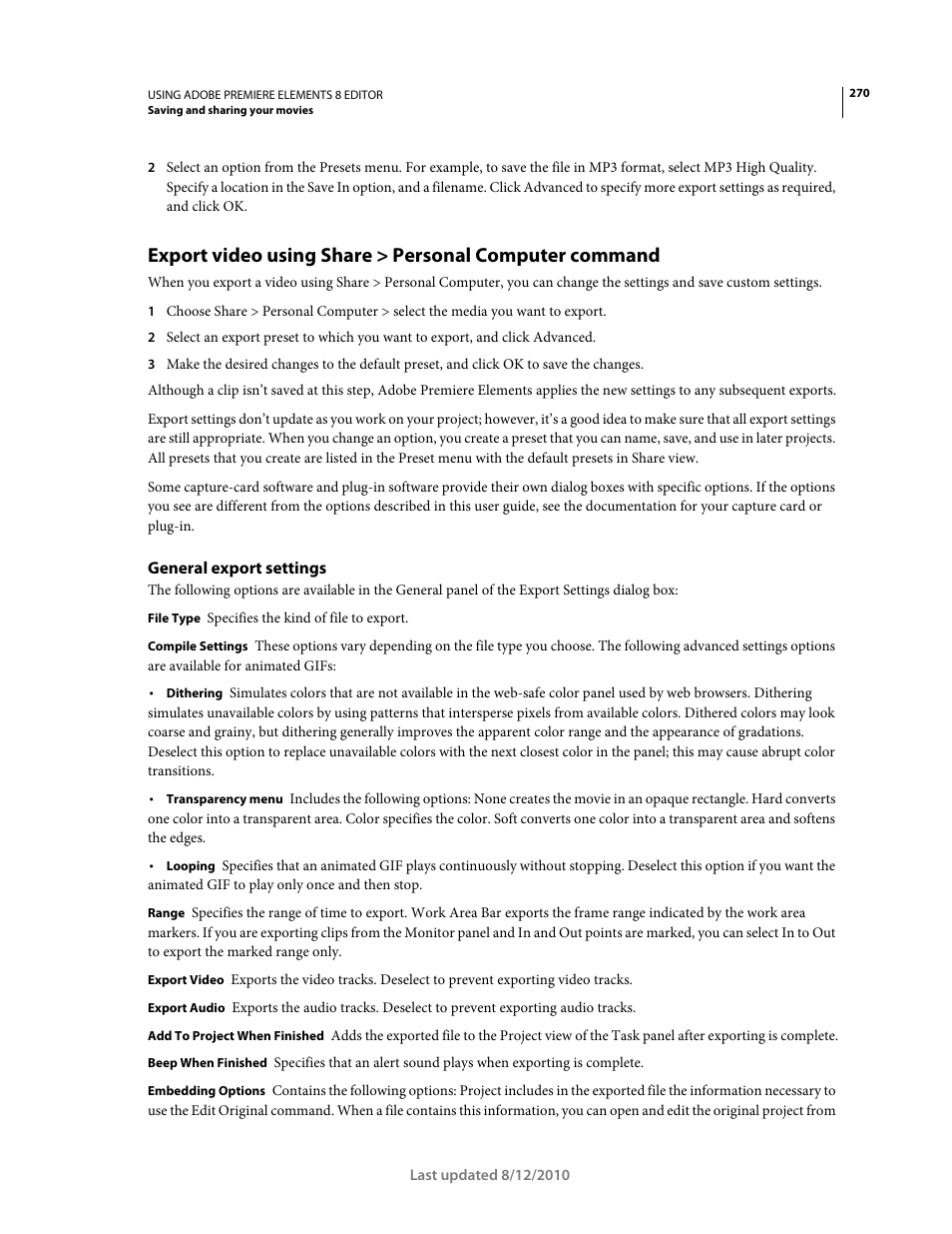General export settings | Adobe Premiere Elements 8 User Manual | Page 275 / 313