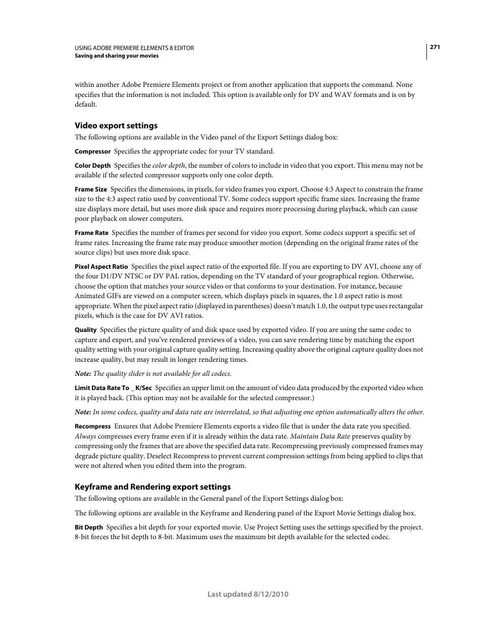 Video export settings, Keyframe and rendering export settings | Adobe Premiere Elements 8 User Manual | Page 276 / 313