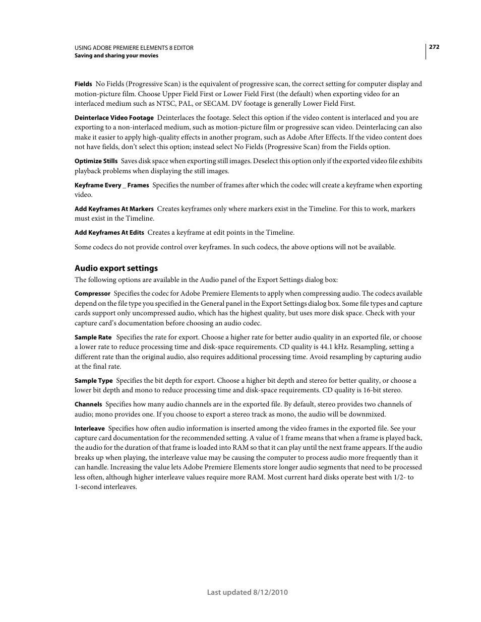 Audio export settings | Adobe Premiere Elements 8 User Manual | Page 277 / 313