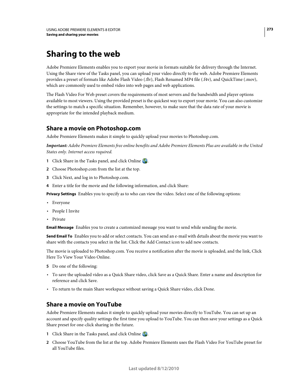 Sharing to the web, Share a movie on photoshop.com, Share a movie on youtube | Adobe Premiere Elements 8 User Manual | Page 278 / 313