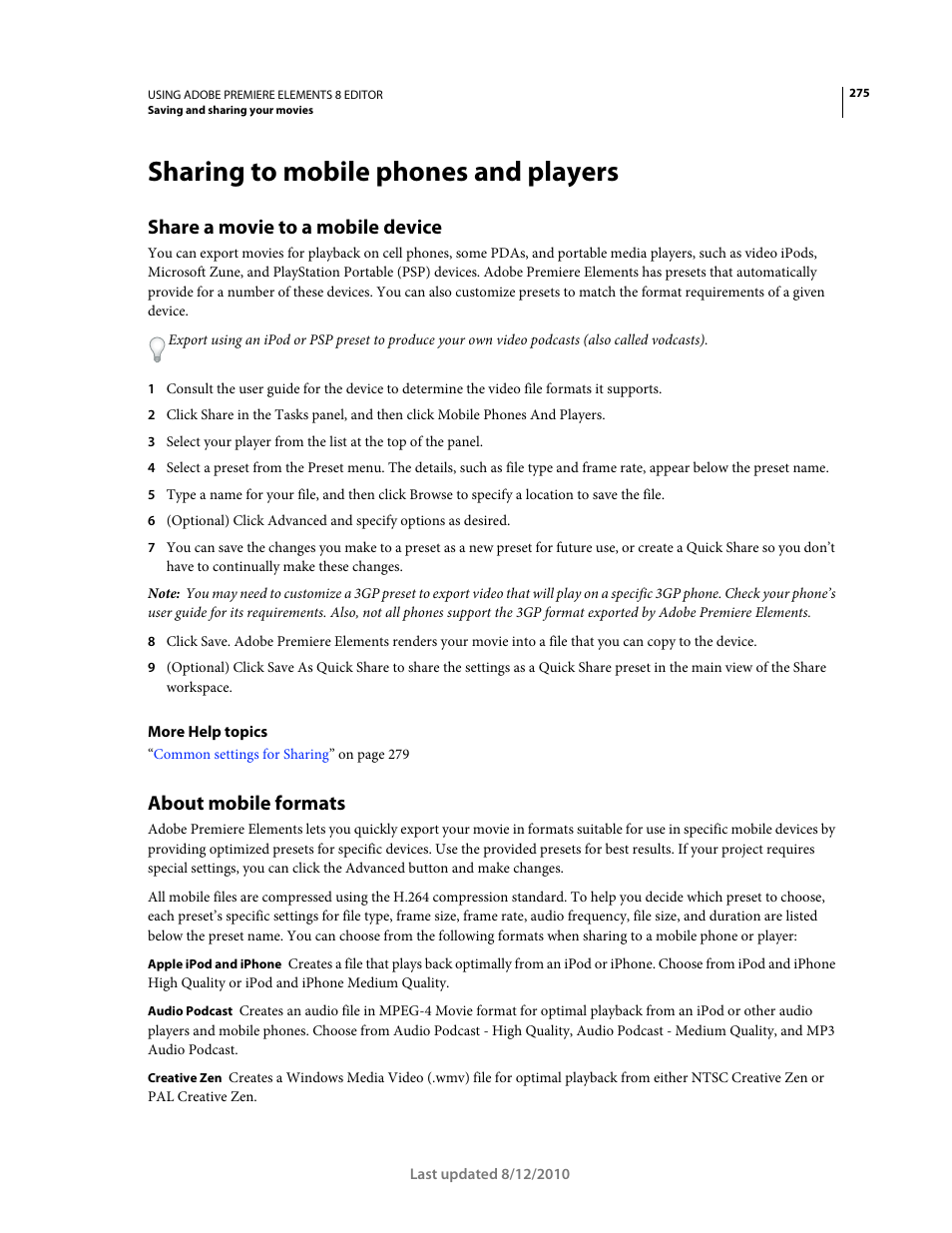 Sharing to mobile phones and players, Share a movie to a mobile device, About mobile formats | Adobe Premiere Elements 8 User Manual | Page 280 / 313