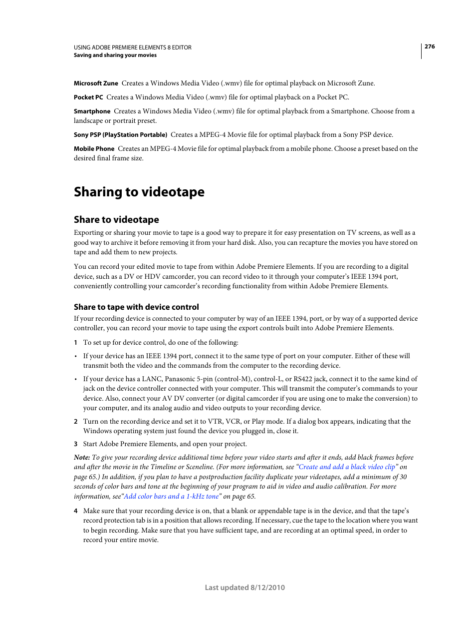 Sharing to videotape, Share to videotape, Share to tape with device control | Adobe Premiere Elements 8 User Manual | Page 281 / 313