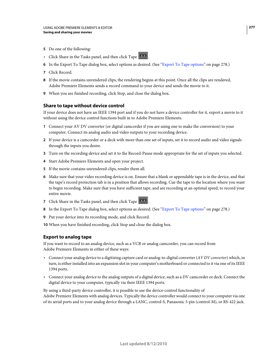 Share to tape without device control, Export to analog tape | Adobe Premiere Elements 8 User Manual | Page 282 / 313