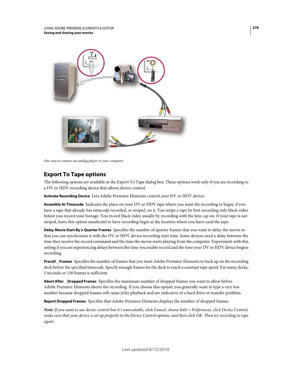 Export to tape options | Adobe Premiere Elements 8 User Manual | Page 283 / 313