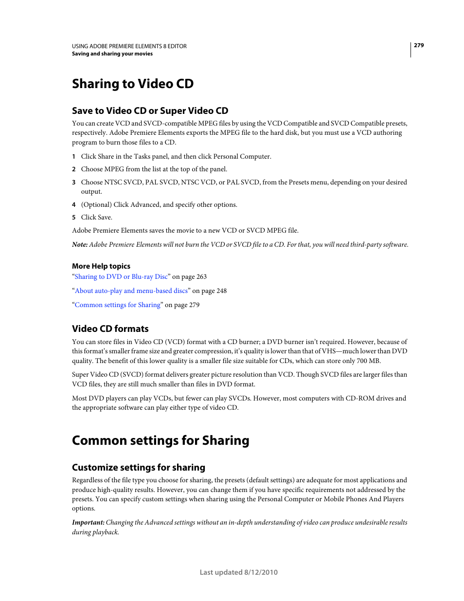 Sharing to video cd, Save to video cd or super video cd, Video cd formats | Common settings for sharing, Customize settings for sharing | Adobe Premiere Elements 8 User Manual | Page 284 / 313