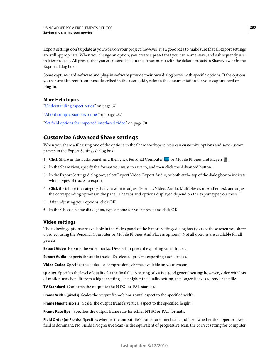 Customize advanced share settings, Video settings | Adobe Premiere Elements 8 User Manual | Page 285 / 313