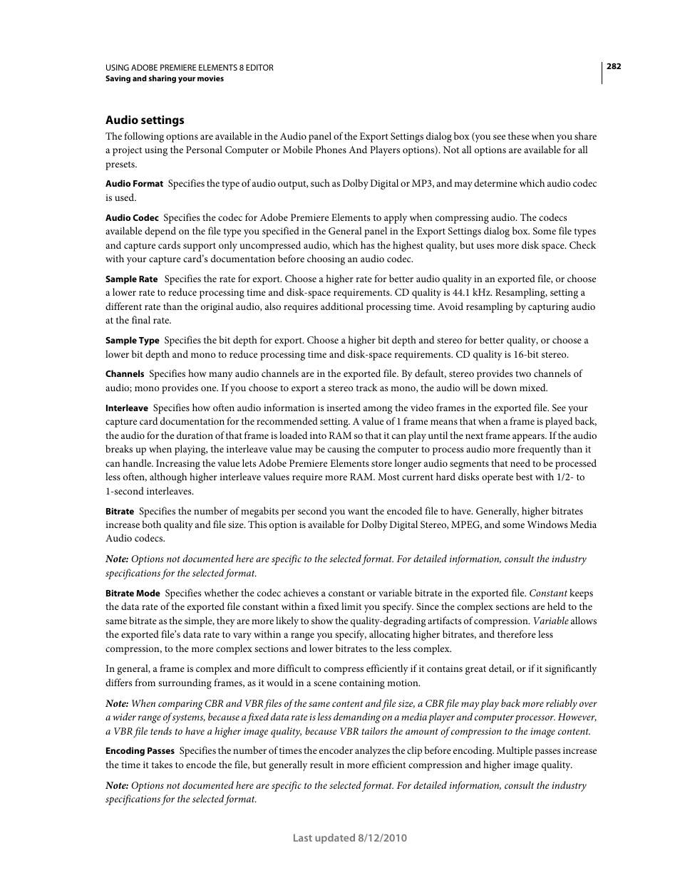 Audio settings | Adobe Premiere Elements 8 User Manual | Page 287 / 313