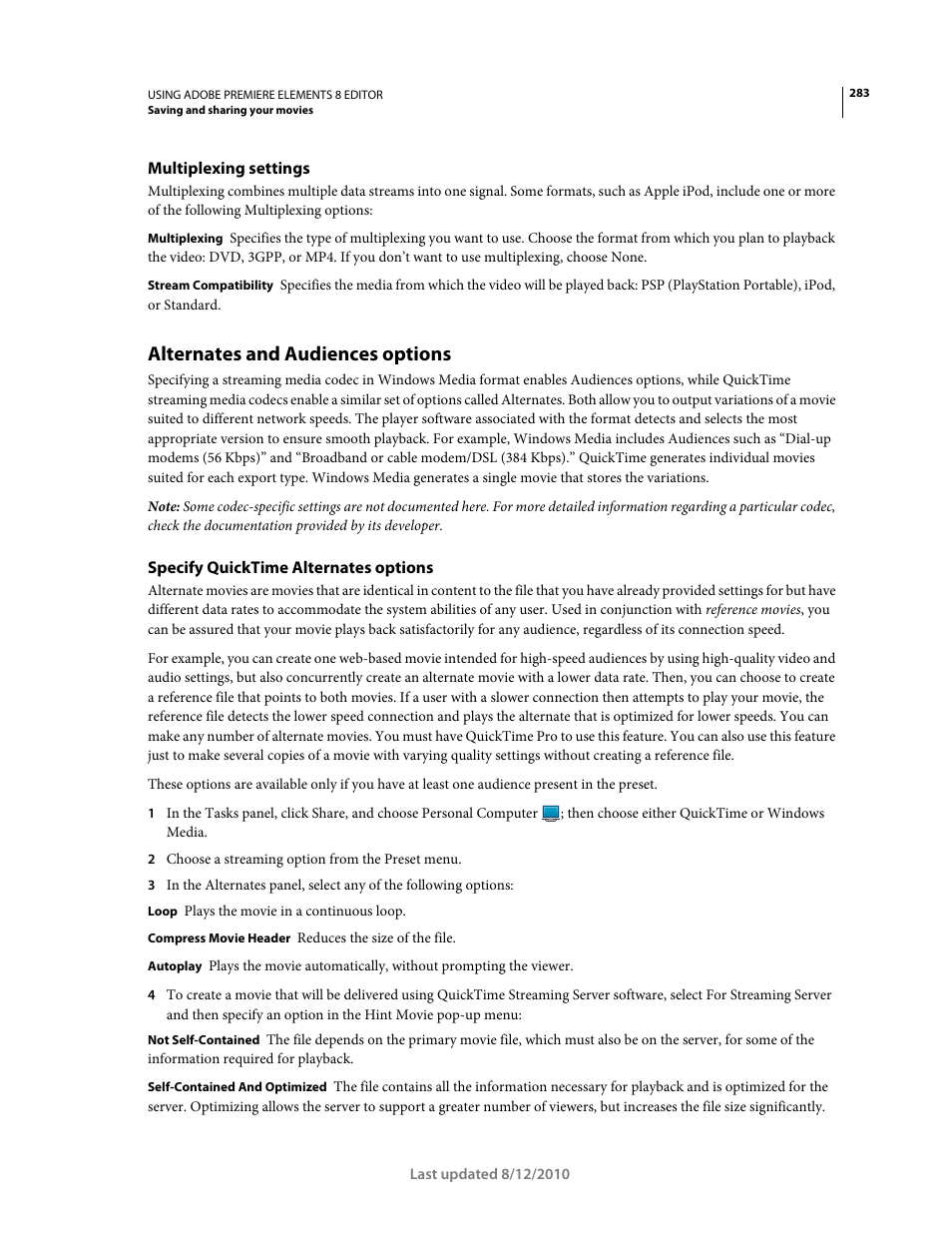 Multiplexing settings, Alternates and audiences options, Specify quicktime alternates options | Adobe Premiere Elements 8 User Manual | Page 288 / 313