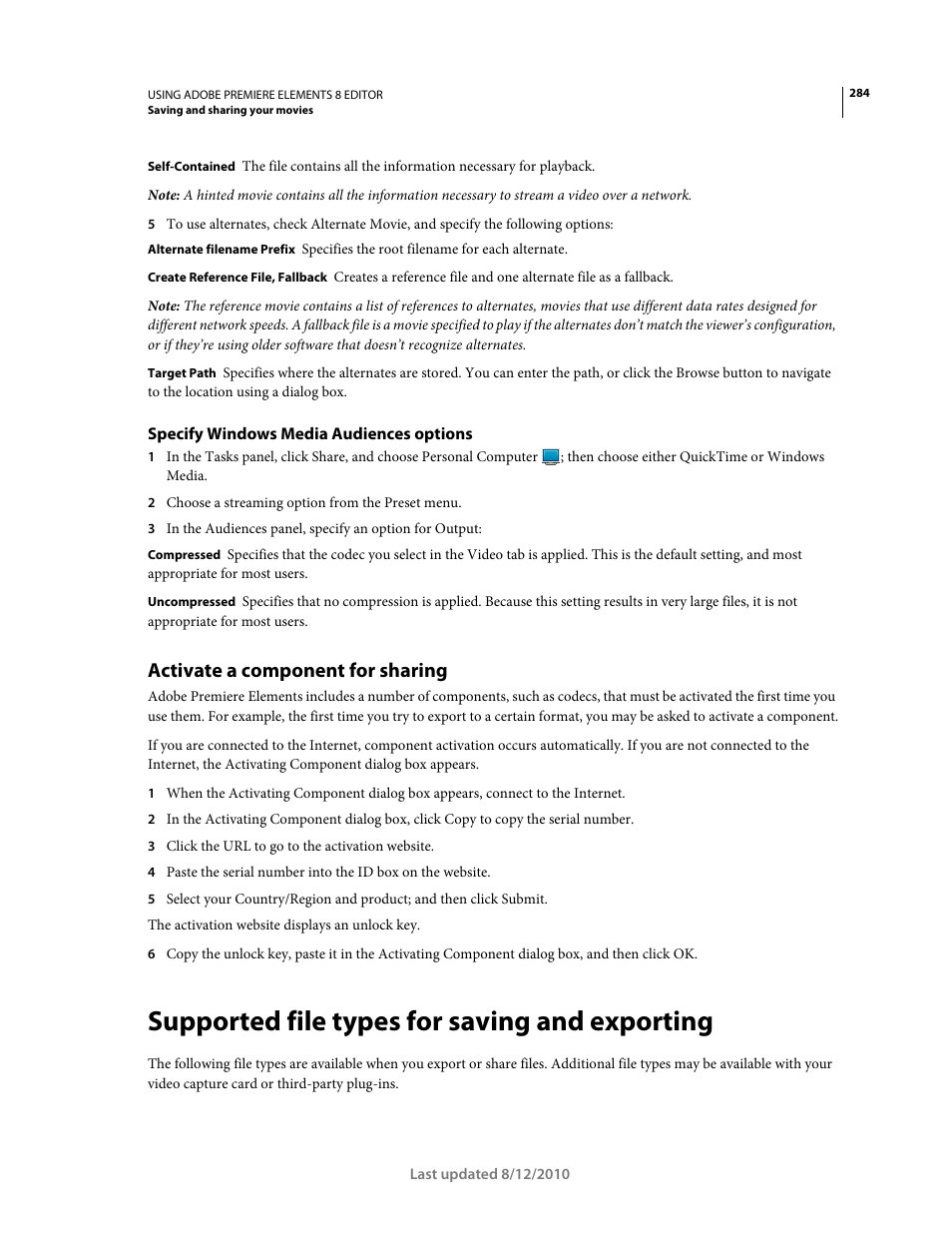 Specify windows media audiences options, Activate a component for sharing, Supported file types for saving and exporting | Adobe Premiere Elements 8 User Manual | Page 289 / 313