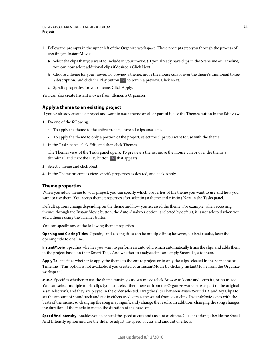 Apply a theme to an existing project, Theme properties | Adobe Premiere Elements 8 User Manual | Page 29 / 313