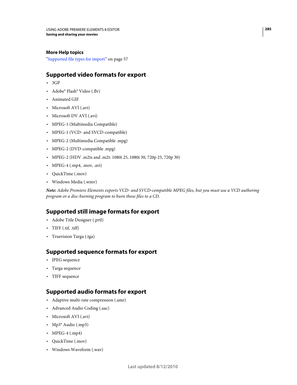 Supported video formats for export, Supported still image formats for export, Supported sequence formats for export | Supported audio formats for export | Adobe Premiere Elements 8 User Manual | Page 290 / 313