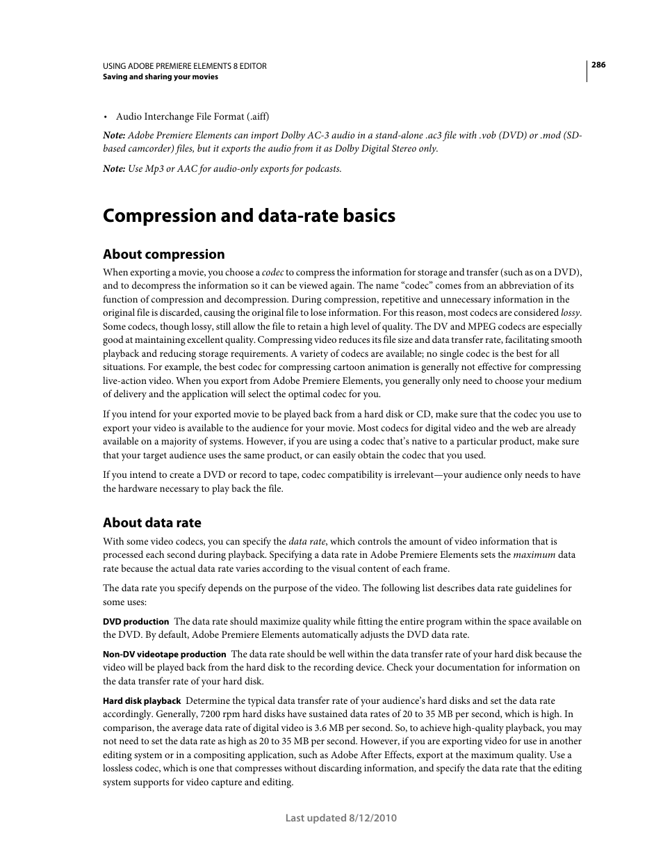 Compression and data-rate basics, About compression, About data rate | Adobe Premiere Elements 8 User Manual | Page 291 / 313