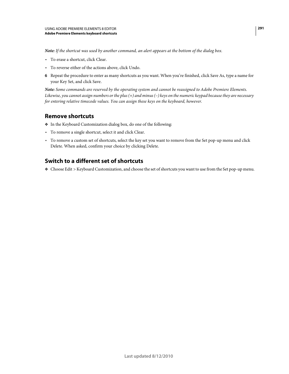 Remove shortcuts, Switch to a different set of shortcuts | Adobe Premiere Elements 8 User Manual | Page 296 / 313