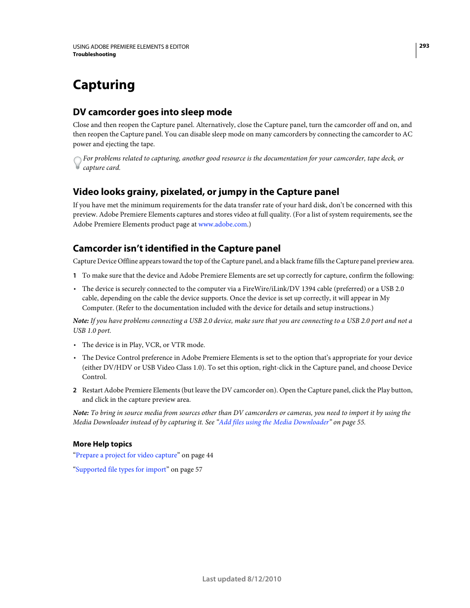 Capturing, Dv camcorder goes into sleep mode, Camcorder isn’t identified in the capture panel | Adobe Premiere Elements 8 User Manual | Page 298 / 313