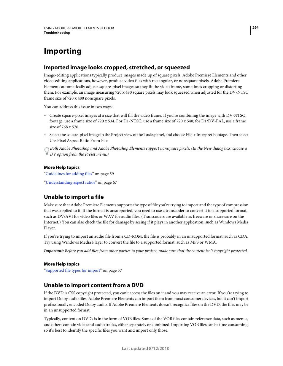 Importing, Unable to import a file, Unable to import content from a dvd | Adobe Premiere Elements 8 User Manual | Page 299 / 313