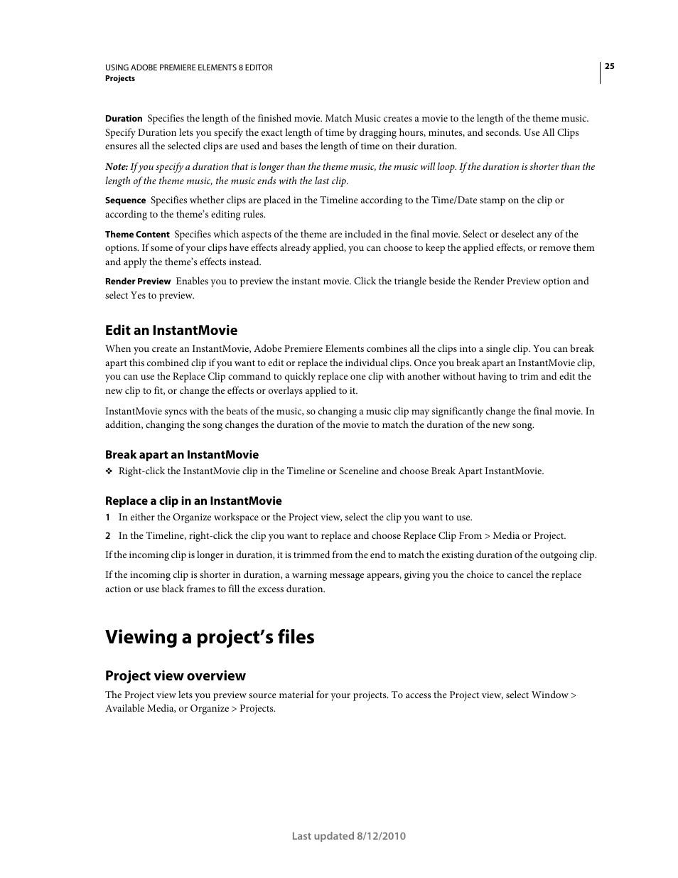 Edit an instantmovie, Break apart an instantmovie, Replace a clip in an instantmovie | Viewing a project’s files, Project view overview | Adobe Premiere Elements 8 User Manual | Page 30 / 313