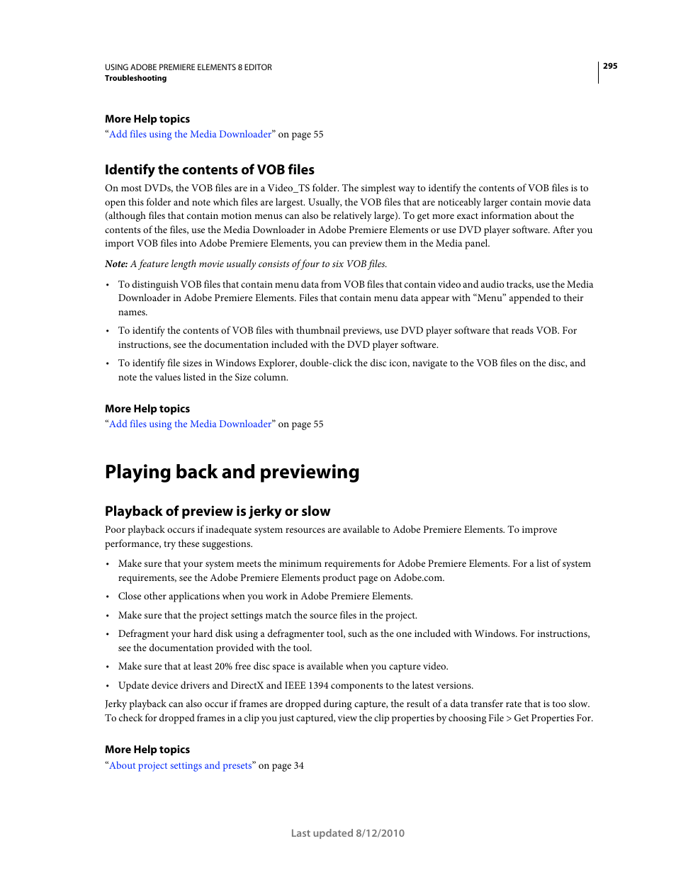 Identify the contents of vob files, Playing back and previewing, Playback of preview is jerky or slow | Adobe Premiere Elements 8 User Manual | Page 300 / 313