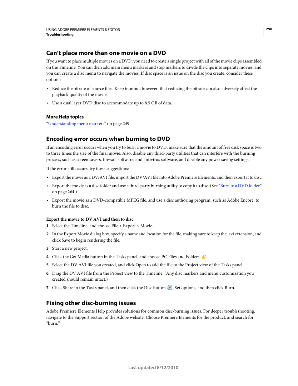 Can’t place more than one movie on a dvd, Encoding error occurs when burning to dvd, Fixing other disc-burning issues | Adobe Premiere Elements 8 User Manual | Page 303 / 313