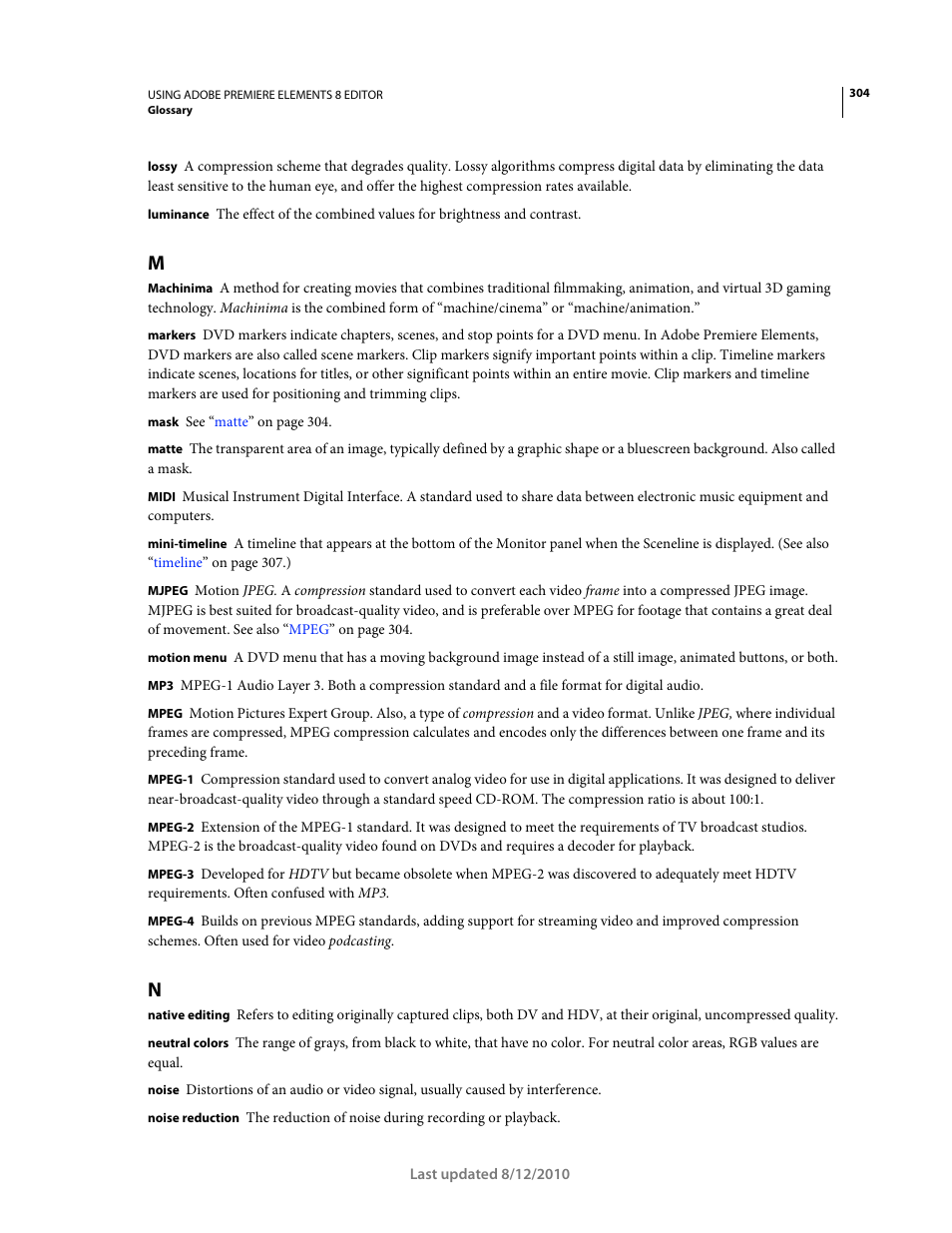 Lossy, Markers, Mjpeg | Adobe Premiere Elements 8 User Manual | Page 309 / 313