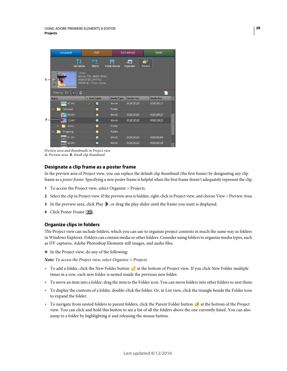 Designate a clip frame as a poster frame, Organize clips in folders | Adobe Premiere Elements 8 User Manual | Page 33 / 313