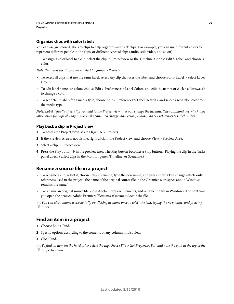 Organize clips with color labels, Play back a clip in project view, Rename a source file in a project | Find an item in a project | Adobe Premiere Elements 8 User Manual | Page 34 / 313