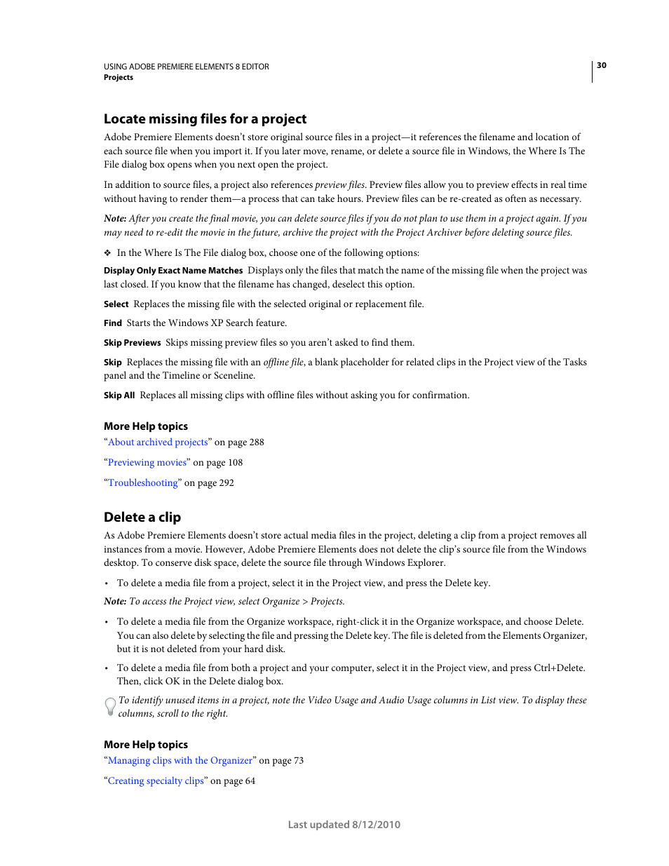 Locate missing files for a project, Delete a clip | Adobe Premiere Elements 8 User Manual | Page 35 / 313