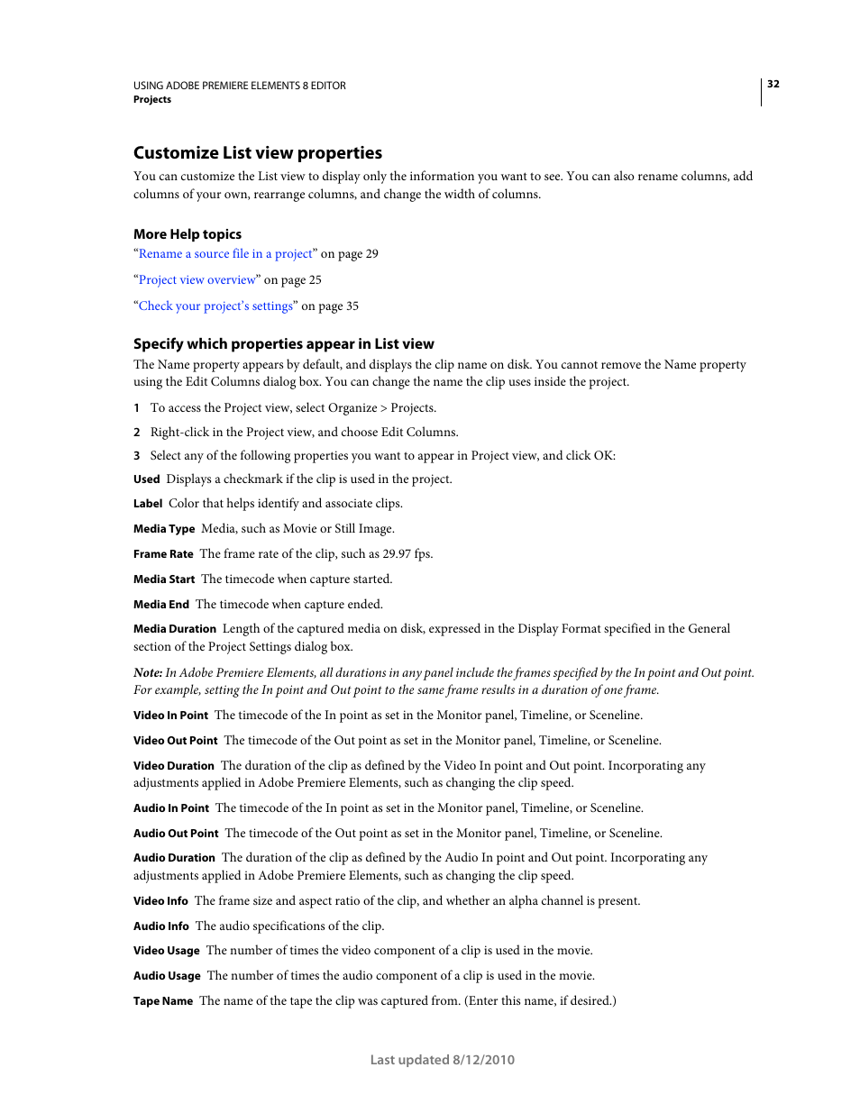 Customize list view properties, Specify which properties appear in list view | Adobe Premiere Elements 8 User Manual | Page 37 / 313