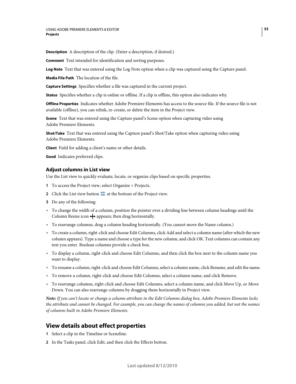 Adjust columns in list view, View details about effect properties | Adobe Premiere Elements 8 User Manual | Page 38 / 313