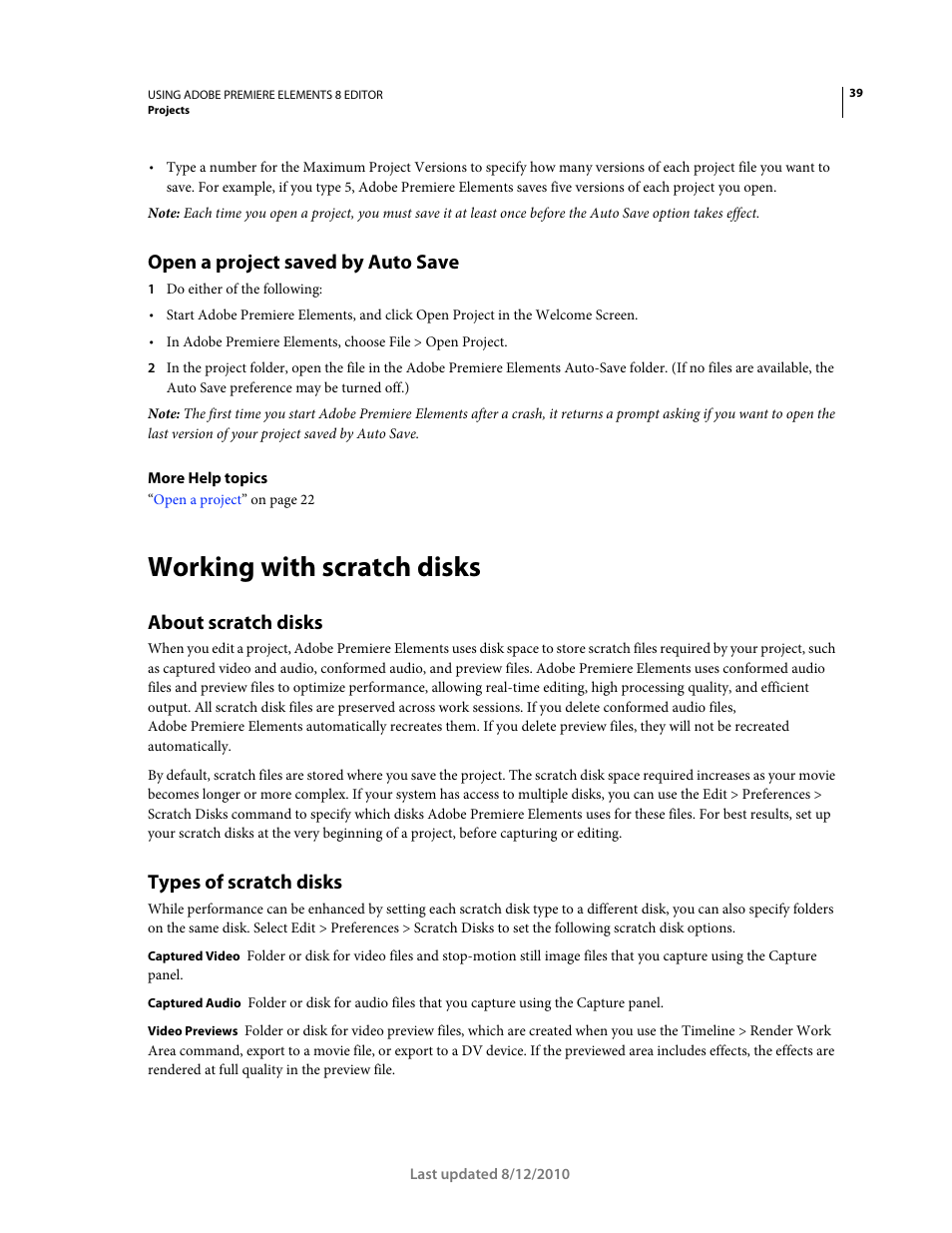 Open a project saved by auto save, Working with scratch disks, About scratch disks | Types of scratch disks | Adobe Premiere Elements 8 User Manual | Page 44 / 313
