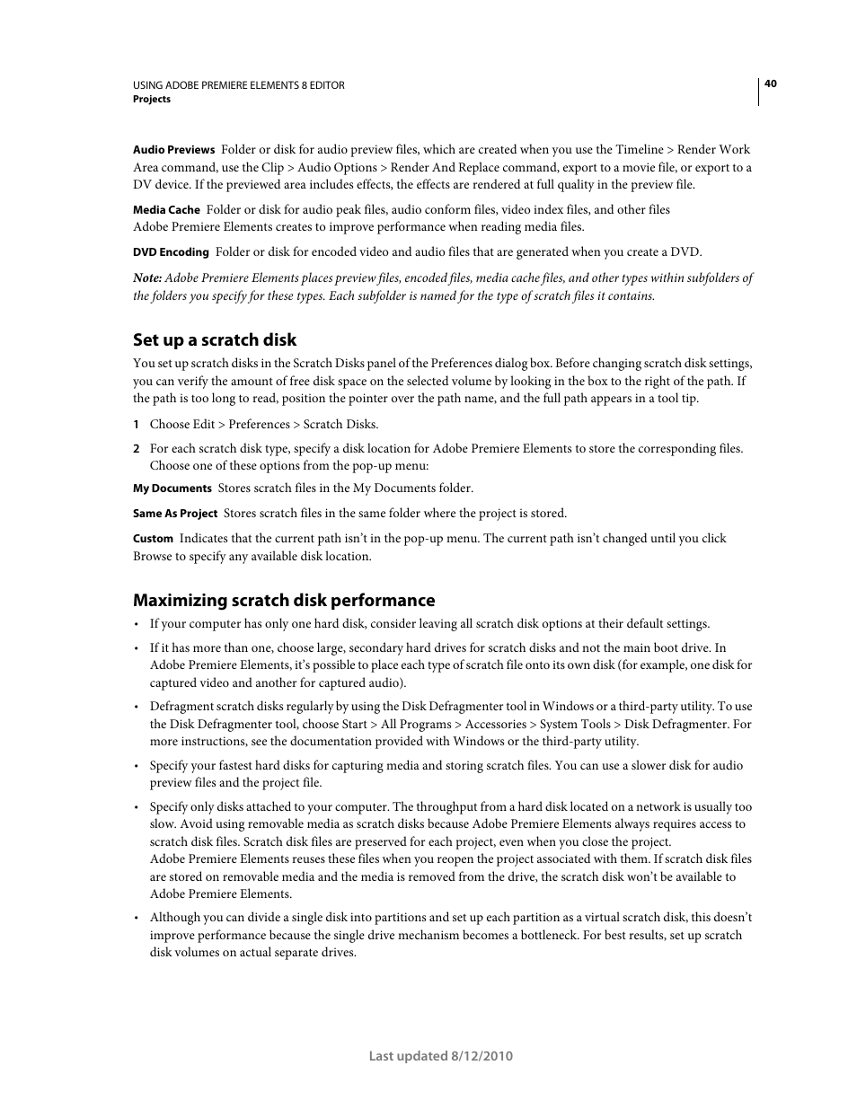 Set up a scratch disk, Maximizing scratch disk performance | Adobe Premiere Elements 8 User Manual | Page 45 / 313