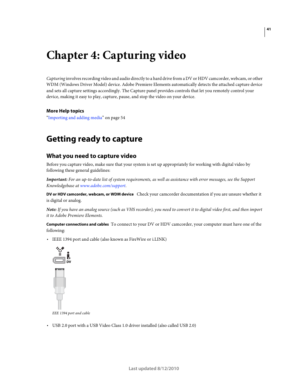 Chapter 4: capturing video, Getting ready to capture, What you need to capture video | Adobe Premiere Elements 8 User Manual | Page 46 / 313