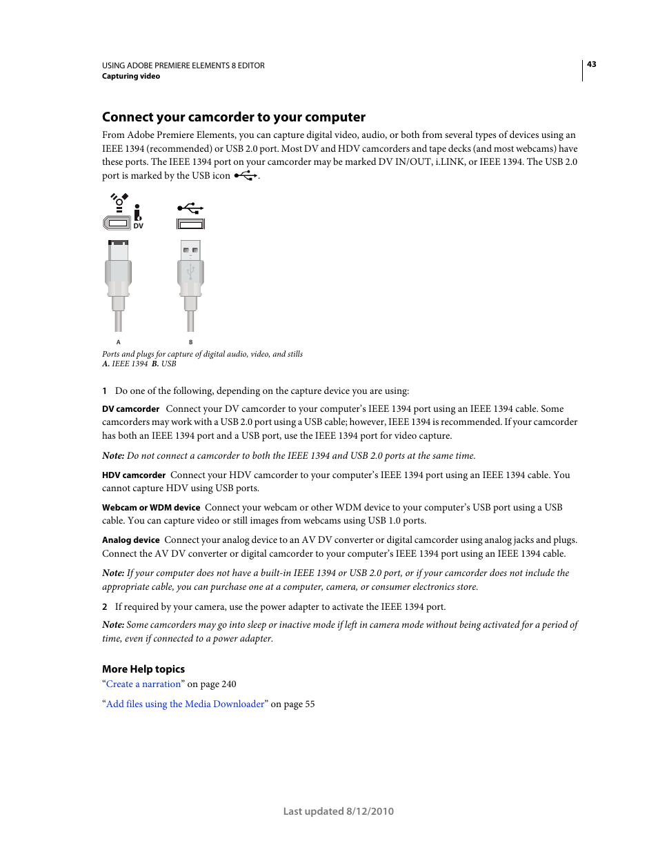 Connect your camcorder to your computer | Adobe Premiere Elements 8 User Manual | Page 48 / 313