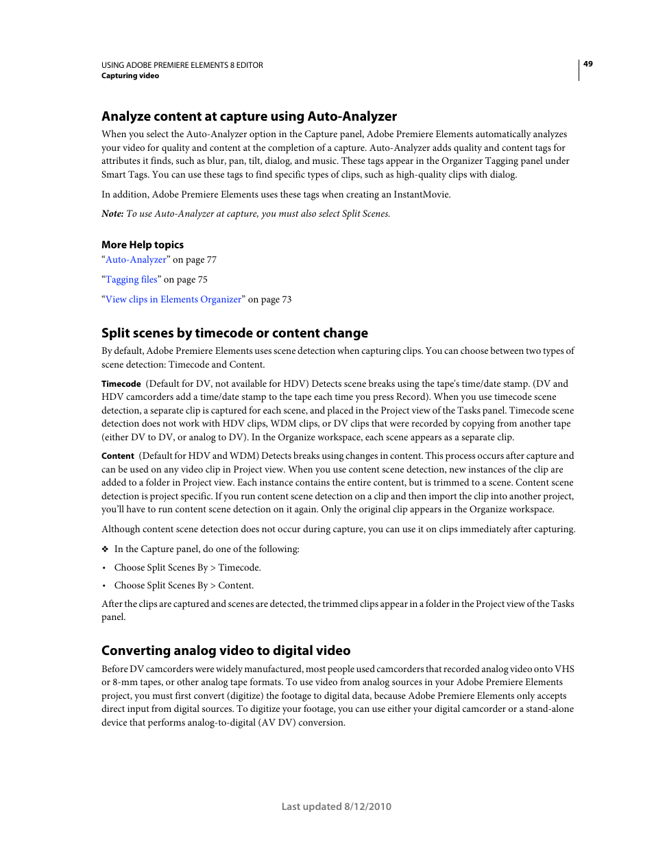 Analyze content at capture using auto-analyzer, Split scenes by timecode or content change, Converting analog video to digital video | Adobe Premiere Elements 8 User Manual | Page 54 / 313