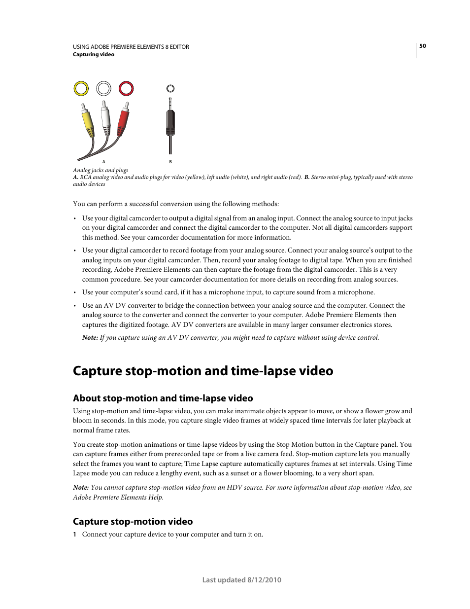 Capture stop-motion and time-lapse video, About stop-motion and time-lapse video, Capture stop-motion video | Adobe Premiere Elements 8 User Manual | Page 55 / 313