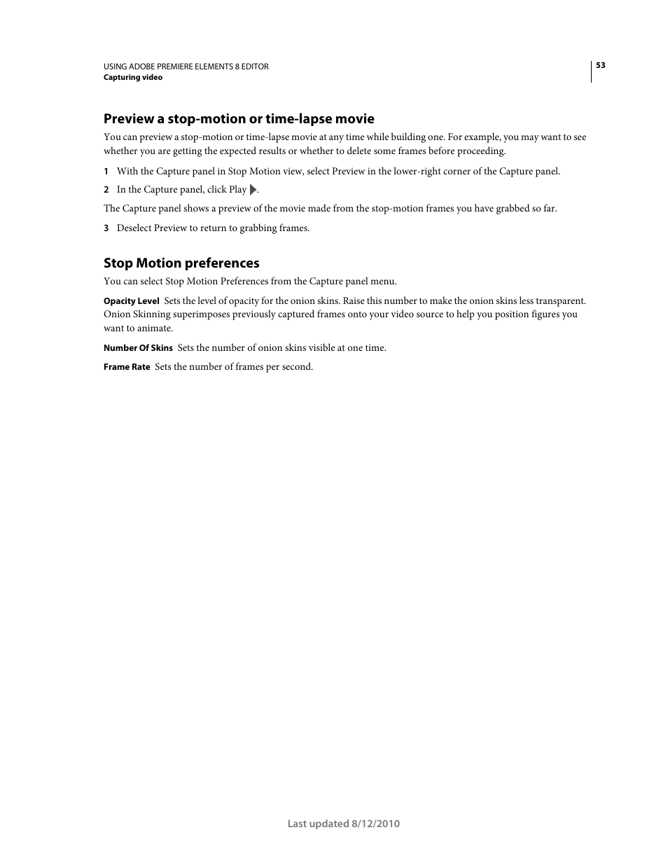 Preview a stop-motion or time-lapse movie, Stop motion preferences | Adobe Premiere Elements 8 User Manual | Page 58 / 313