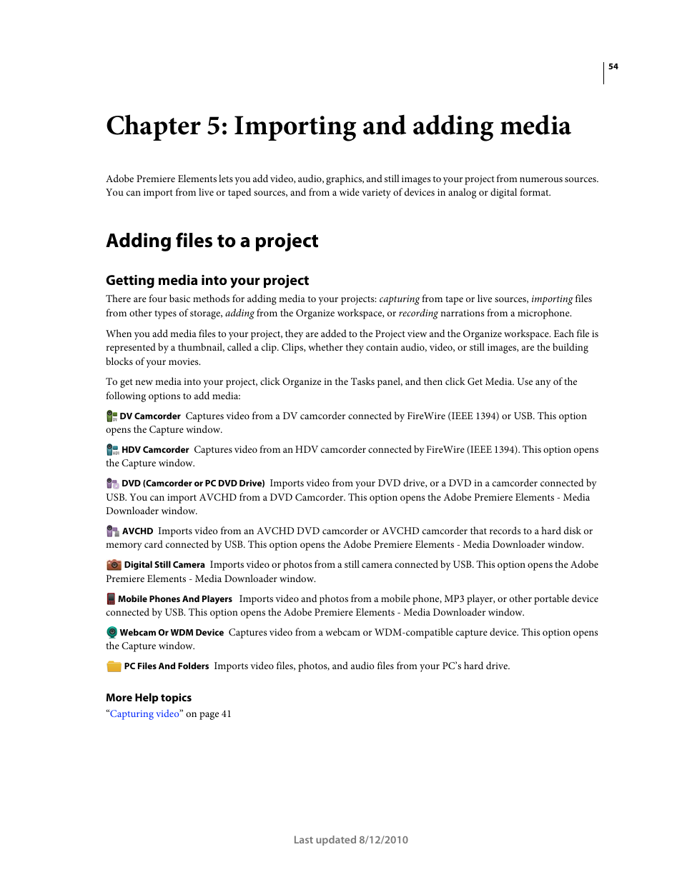 Chapter 5: importing and adding media, Adding files to a project, Getting media into your project | Adobe Premiere Elements 8 User Manual | Page 59 / 313