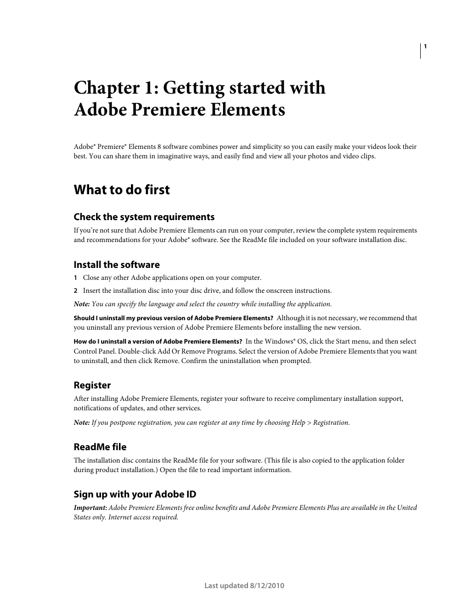 What to do first, Check the system requirements, Install the software | Register, Readme file, Sign up with your adobe id, Chapter 1: getting started with adobe, Premiere, Elements | Adobe Premiere Elements 8 User Manual | Page 6 / 313