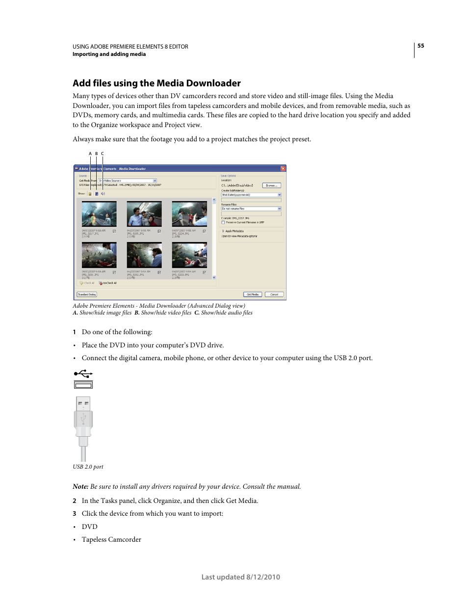 Add files using the media downloader | Adobe Premiere Elements 8 User Manual | Page 60 / 313