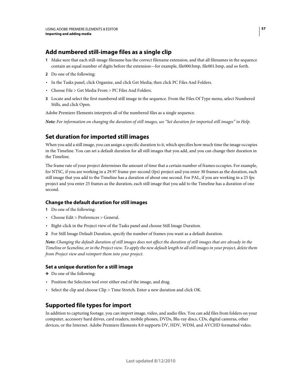 Add numbered still-image files as a single clip, Set duration for imported still images, Change the default duration for still images | Set a unique duration for a still image, Supported file types for import | Adobe Premiere Elements 8 User Manual | Page 62 / 313