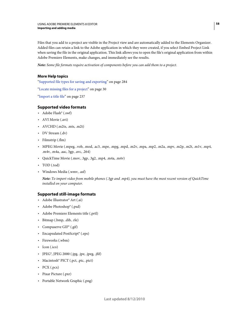 Supported video formats, Supported still-image formats | Adobe Premiere Elements 8 User Manual | Page 63 / 313