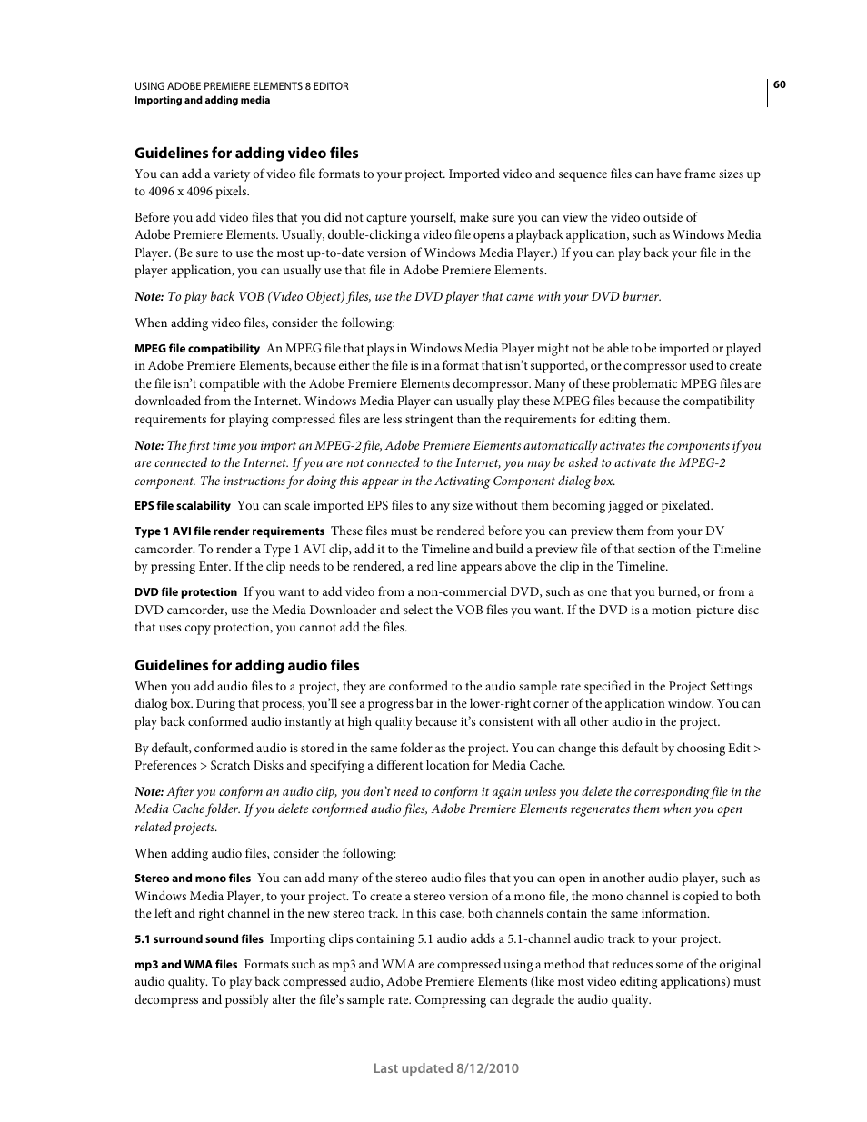 Guidelines for adding video files, Guidelines for adding audio files | Adobe Premiere Elements 8 User Manual | Page 65 / 313