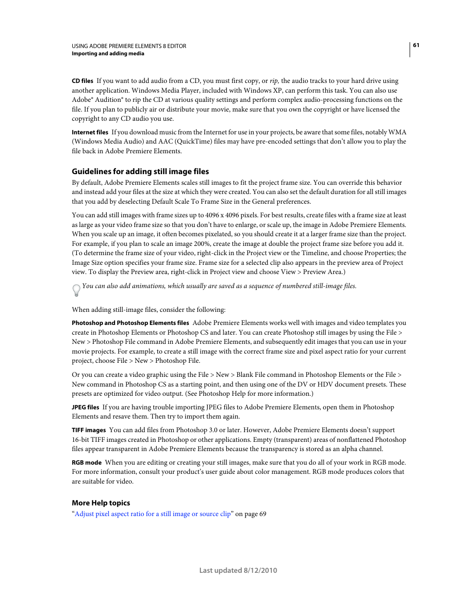 Guidelines for adding still image files | Adobe Premiere Elements 8 User Manual | Page 66 / 313