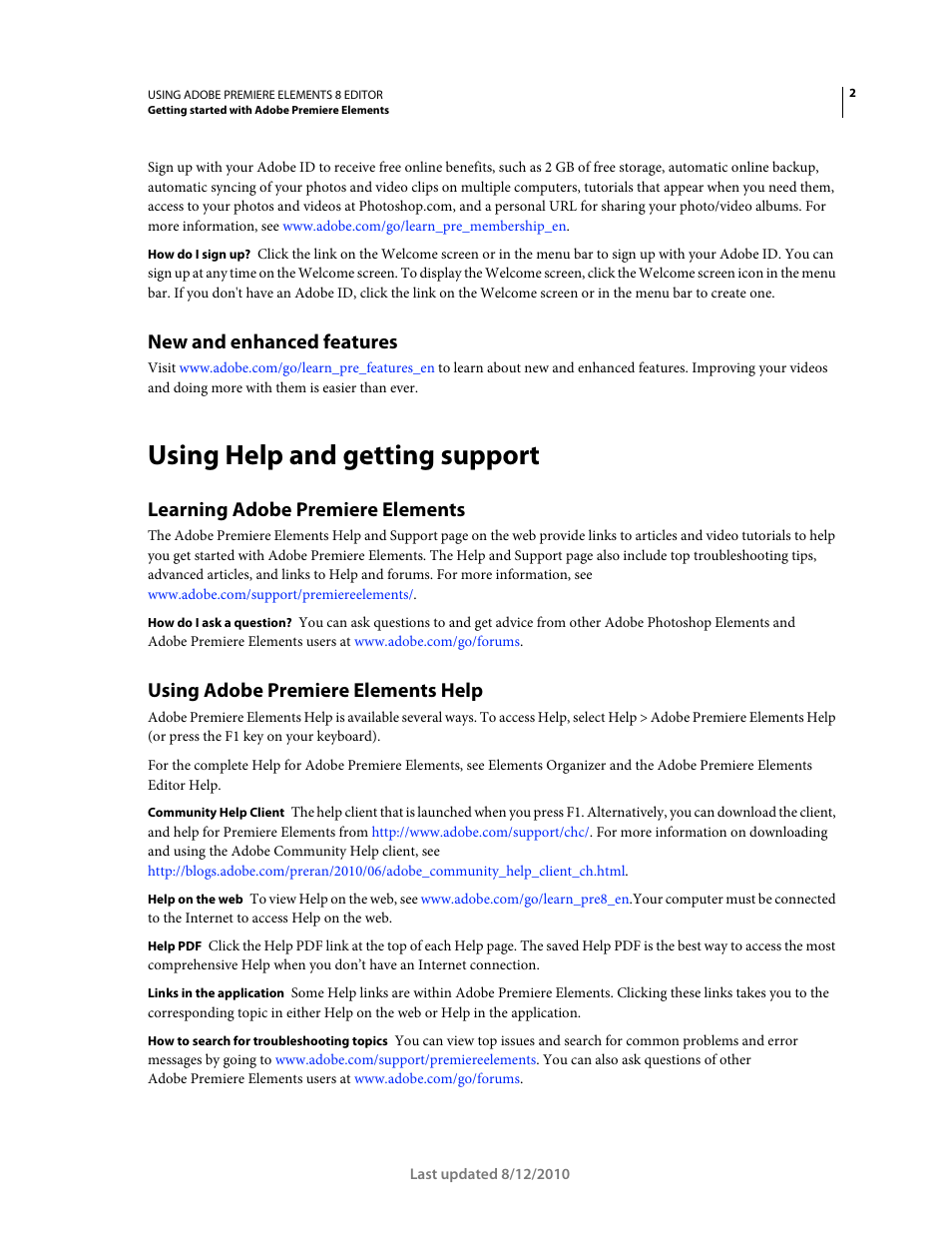 New and enhanced features, Using help and getting support, Learning adobe premiere elements | Using adobe premiere elements help | Adobe Premiere Elements 8 User Manual | Page 7 / 313