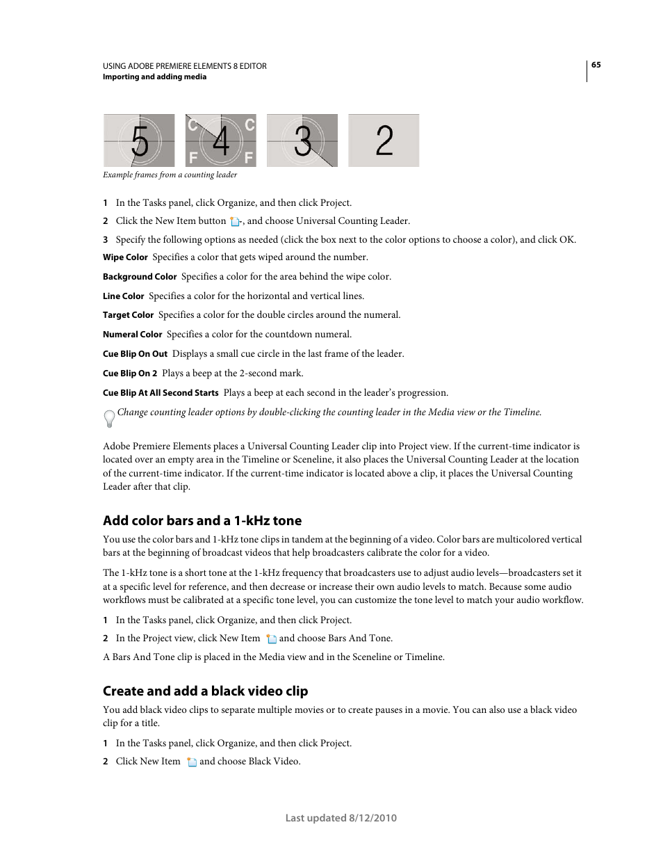 Add color bars and a 1-khz tone, Create and add a black video clip | Adobe Premiere Elements 8 User Manual | Page 70 / 313