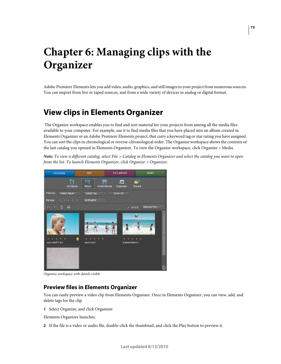 Chapter 6: managing clips with the organizer, View clips in elements organizer, Preview files in elements organizer | Managing clips with the organizer | Adobe Premiere Elements 8 User Manual | Page 78 / 313