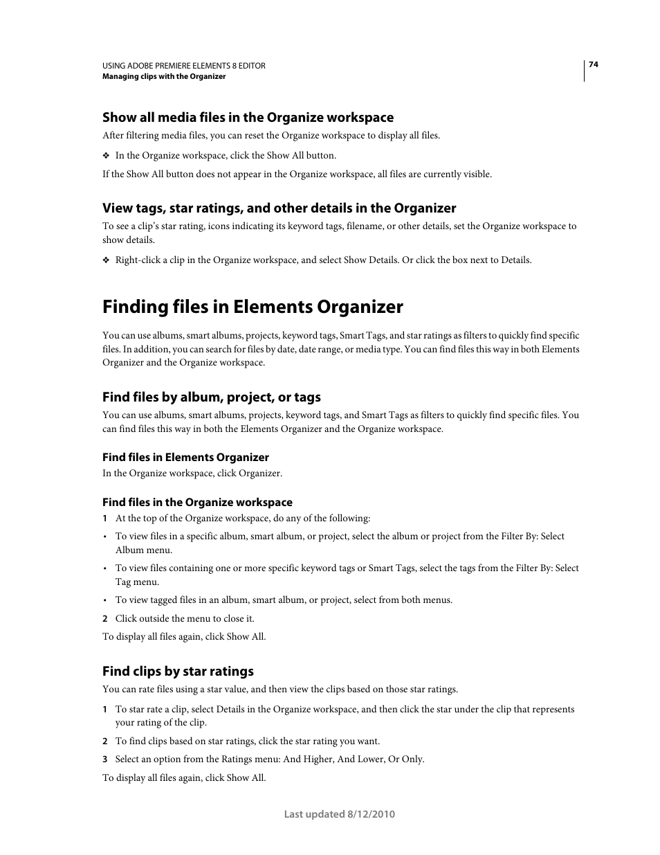 Show all media files in the organize workspace, Finding files in elements organizer, Find files by album, project, or tags | Find files in elements organizer, Find files in the organize workspace, Find clips by star ratings | Adobe Premiere Elements 8 User Manual | Page 79 / 313