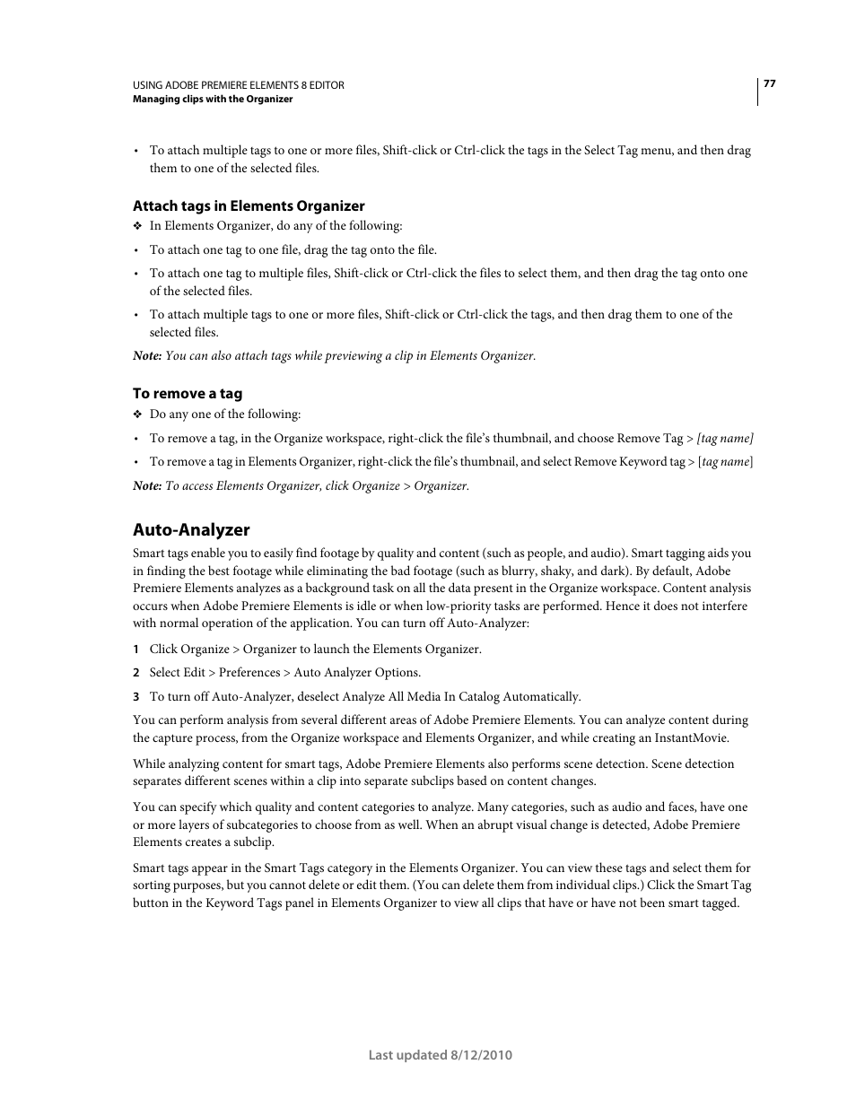 Attach tags in elements organizer, To remove a tag, Auto-analyzer | Adobe Premiere Elements 8 User Manual | Page 82 / 313